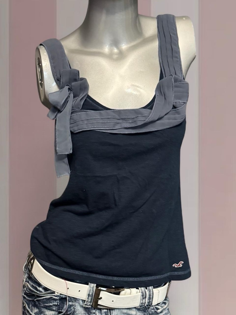 Hollister Vintage Y2K Navy Blue Ribbon Detail Tank Top